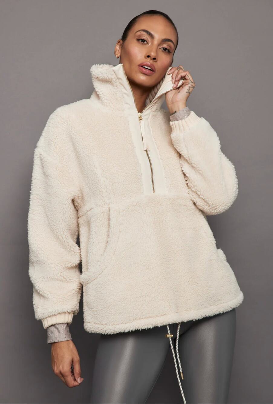 Varley Posey Sherpa Pullover Zip Collar Cozy Soft Jacket Sweater Sandshell Cream
